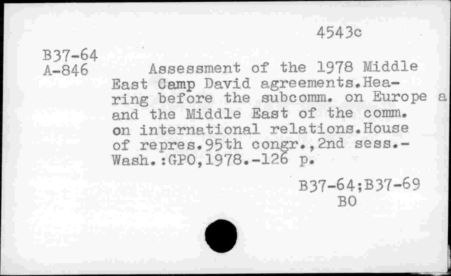 ﻿4543c
B37-64
A-846 Assessment of the 1978 Middle East Camp David agreements,Hearing before the subcomm, on Europe and the Middle East of the comm, on international relations.House of repres.95th congr.,2nd sess.-Wash.:GPO,1978.-126 p.
B37-64;B37-69
BO